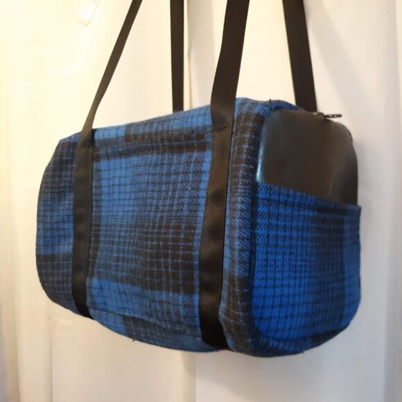 New Plaid Wool Twill Carpet Bag Blue Black classic Mini Duffle travel bag 12x6x6 - Picture 5 of 11
